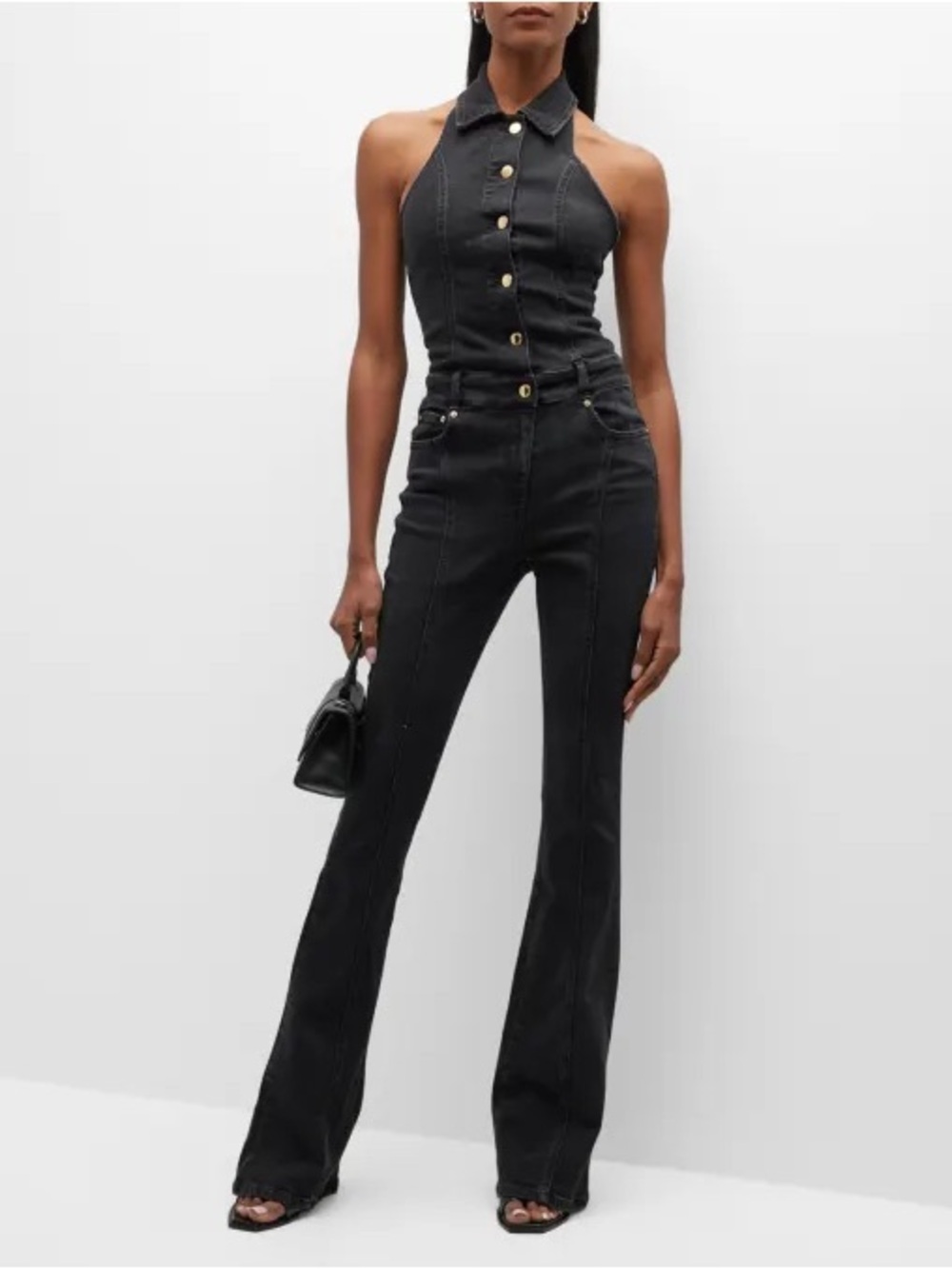RETROFÉTE Rhodes Open-Back Flared-Leg Halter Denim Jumpsuit